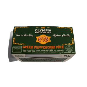 A package of Olympia Provisions Green Peppercorn Pâté with Chicken White, showing the front and side panels of the dark green cardboard packaging on a white background.